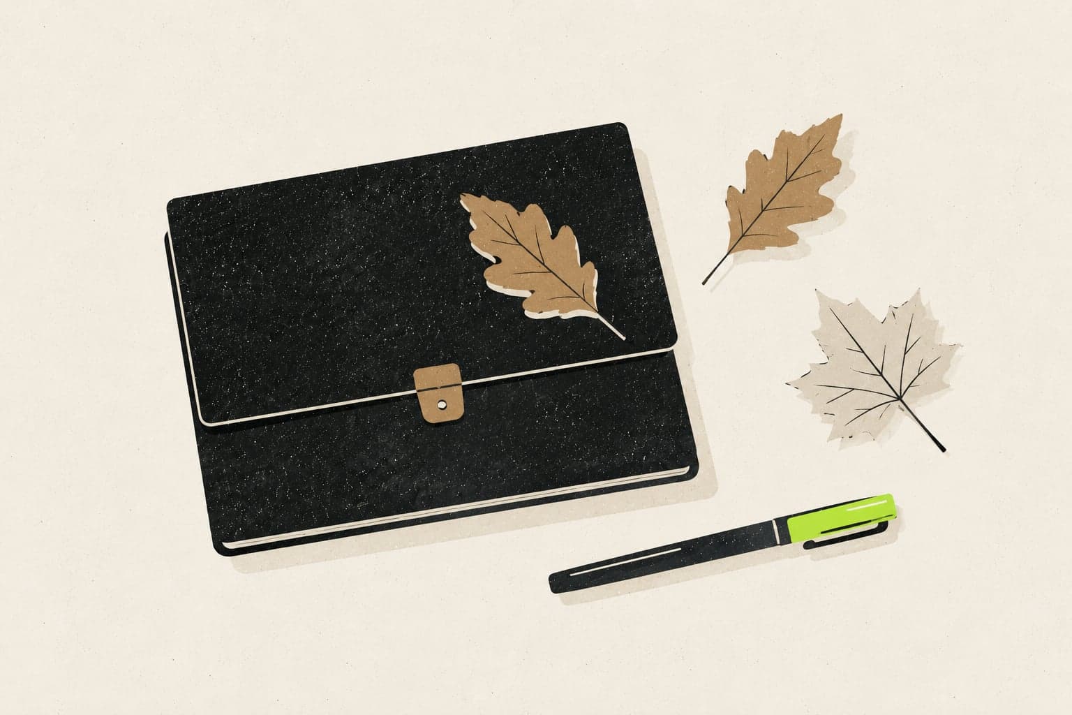 A closed document case with autumn leaves and a pen