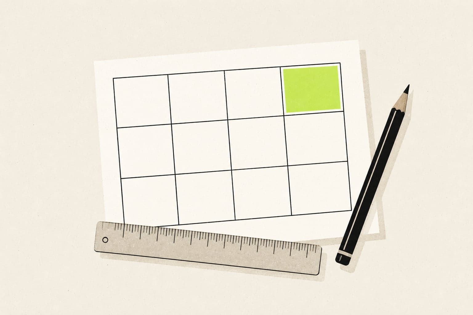 A blank one-page planning grid with a pencil and ruler