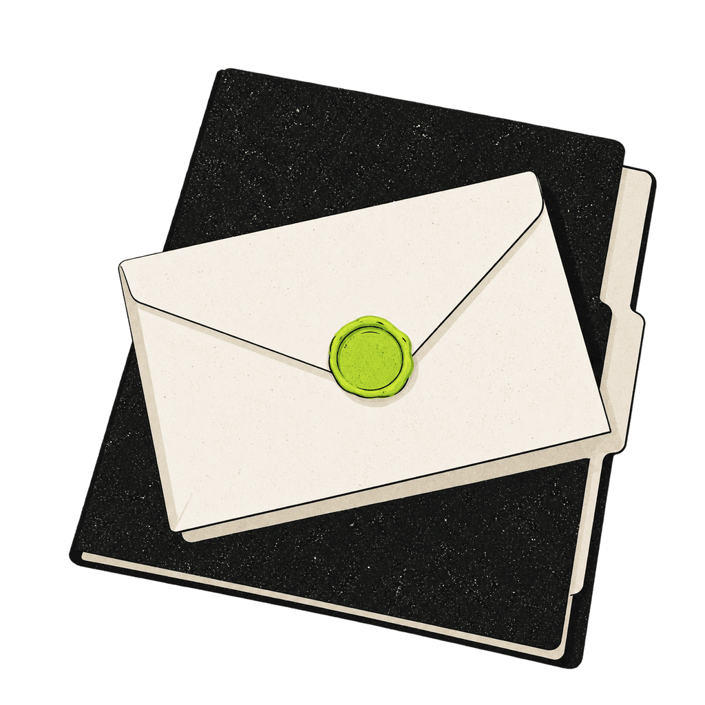 A sealed envelope with a lime wax seal resting on a folder
