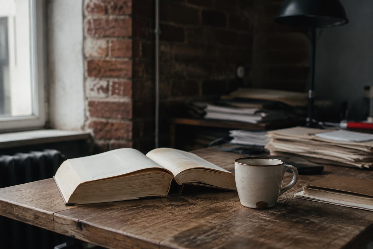An open reference book on a desk beside a mug