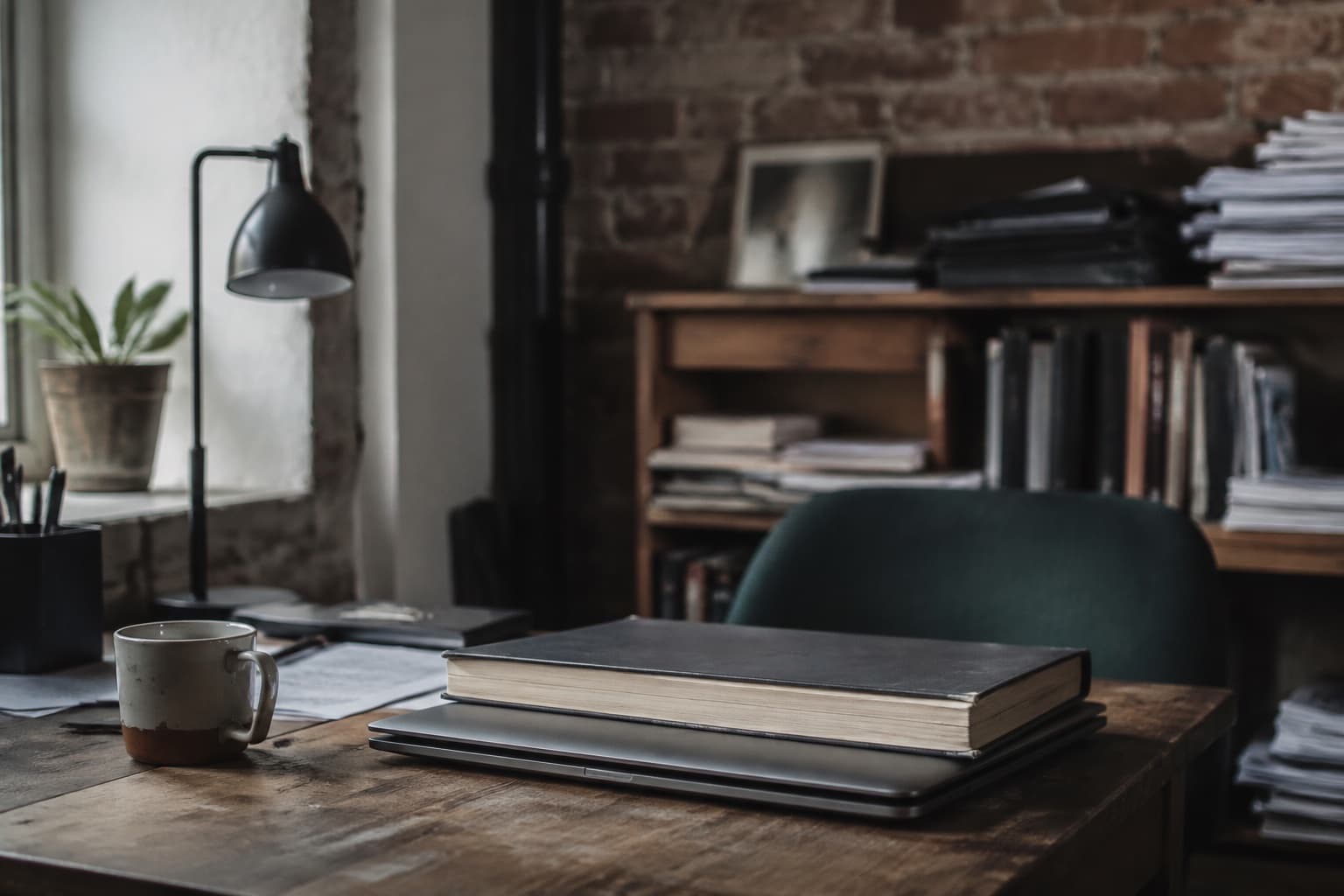 A closed laptop and paper ledger stacked on a desk