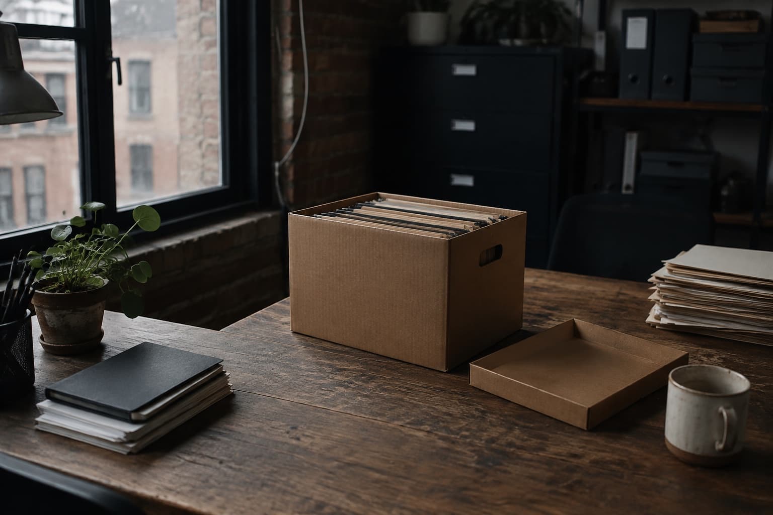 An archive box with files on a desk