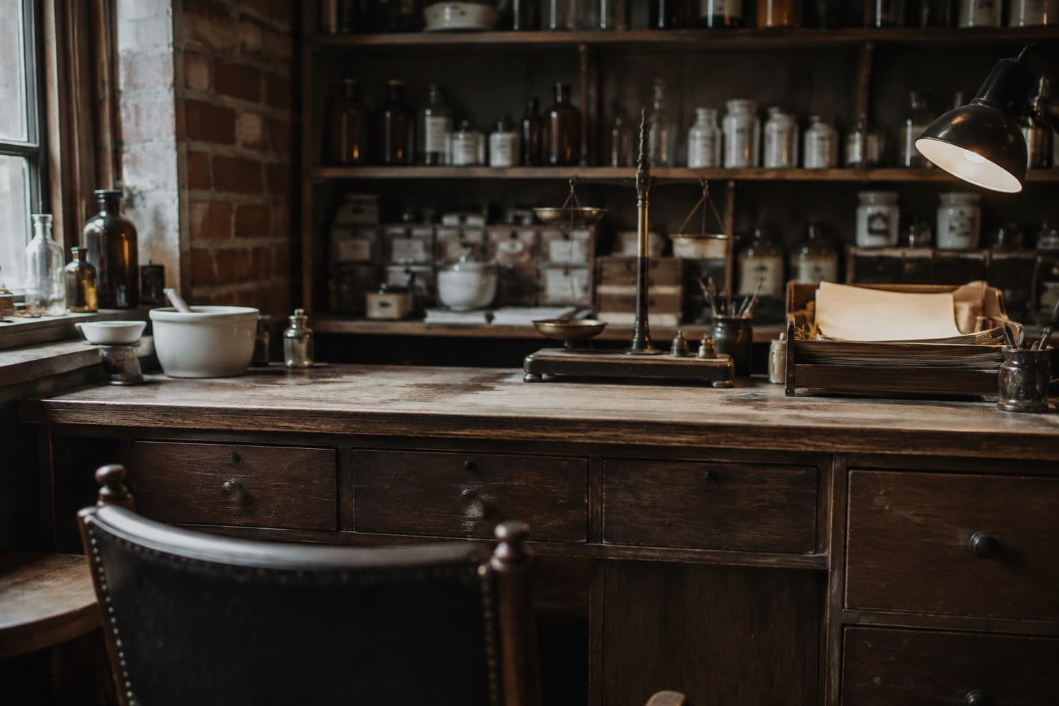 A pharmacy bench with drawers, scales and a paper tray