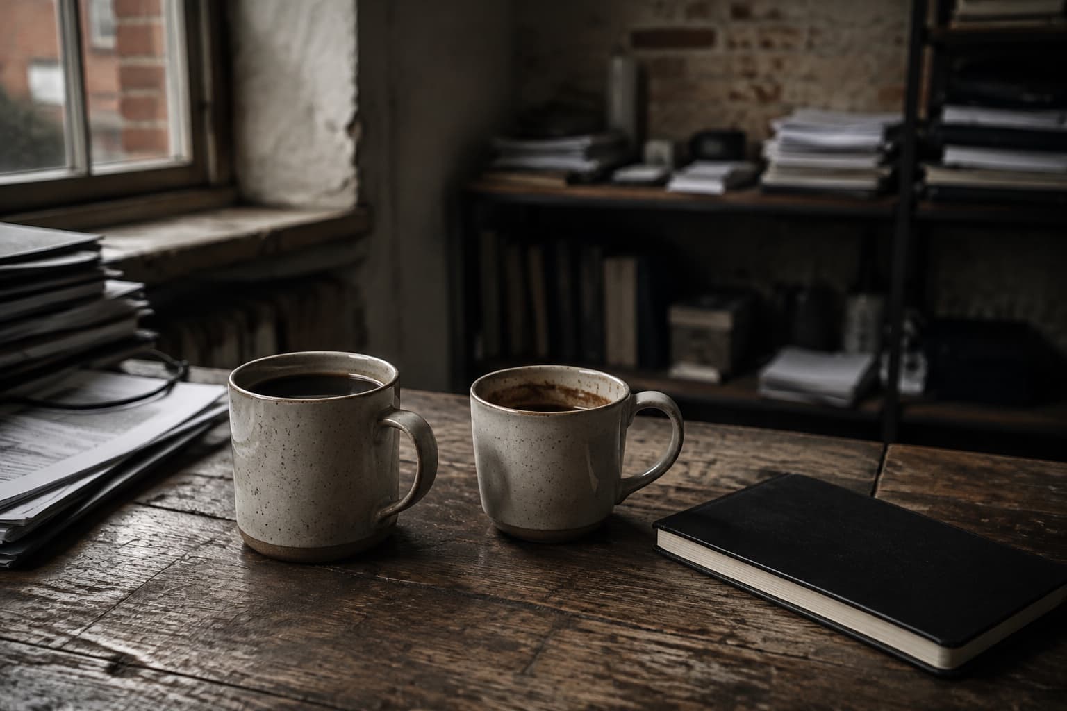 Two mugs beside a closed notebook on a desk