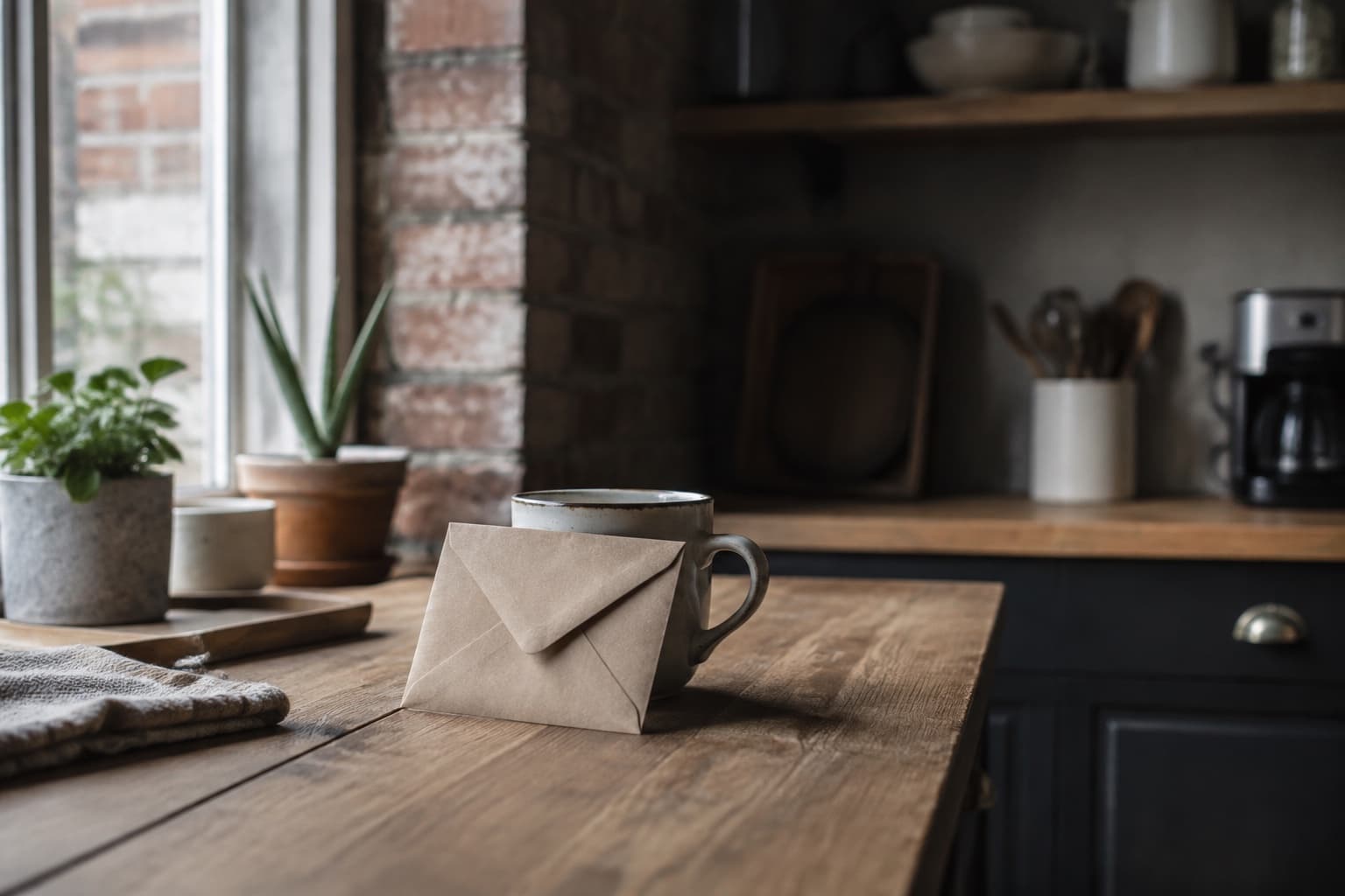 A brown envelope propped against a mug